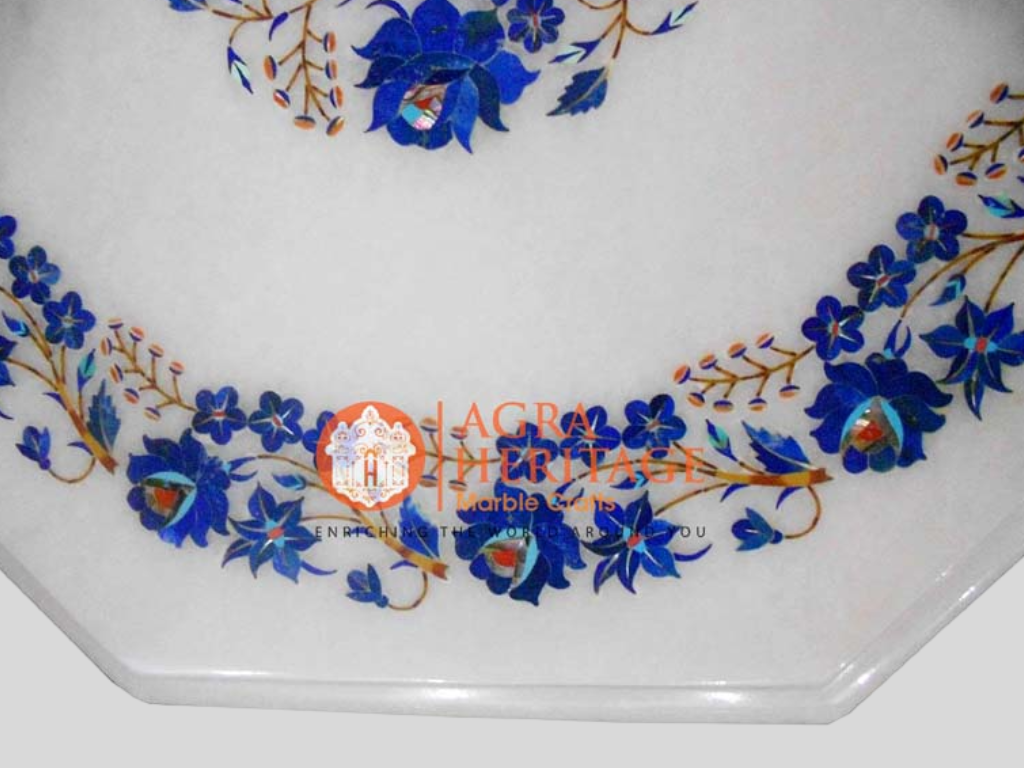 White Marble Lapis Inlay Floral Art Table Top